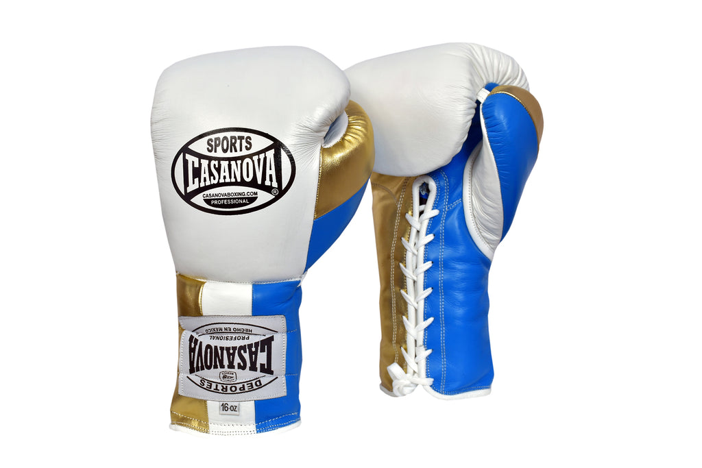 Casanova Boxing® Professional Lace Up Training Gloves White w /Blue/Gold Thumb