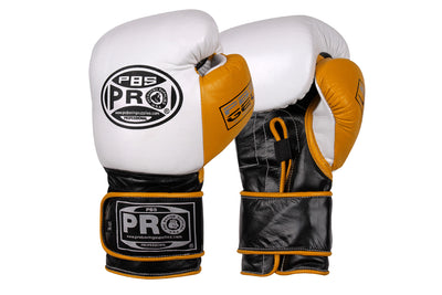 Pro Boxing® Series Gel Hook and Loop Gloves - PBG White/Black with Yellow Thumb